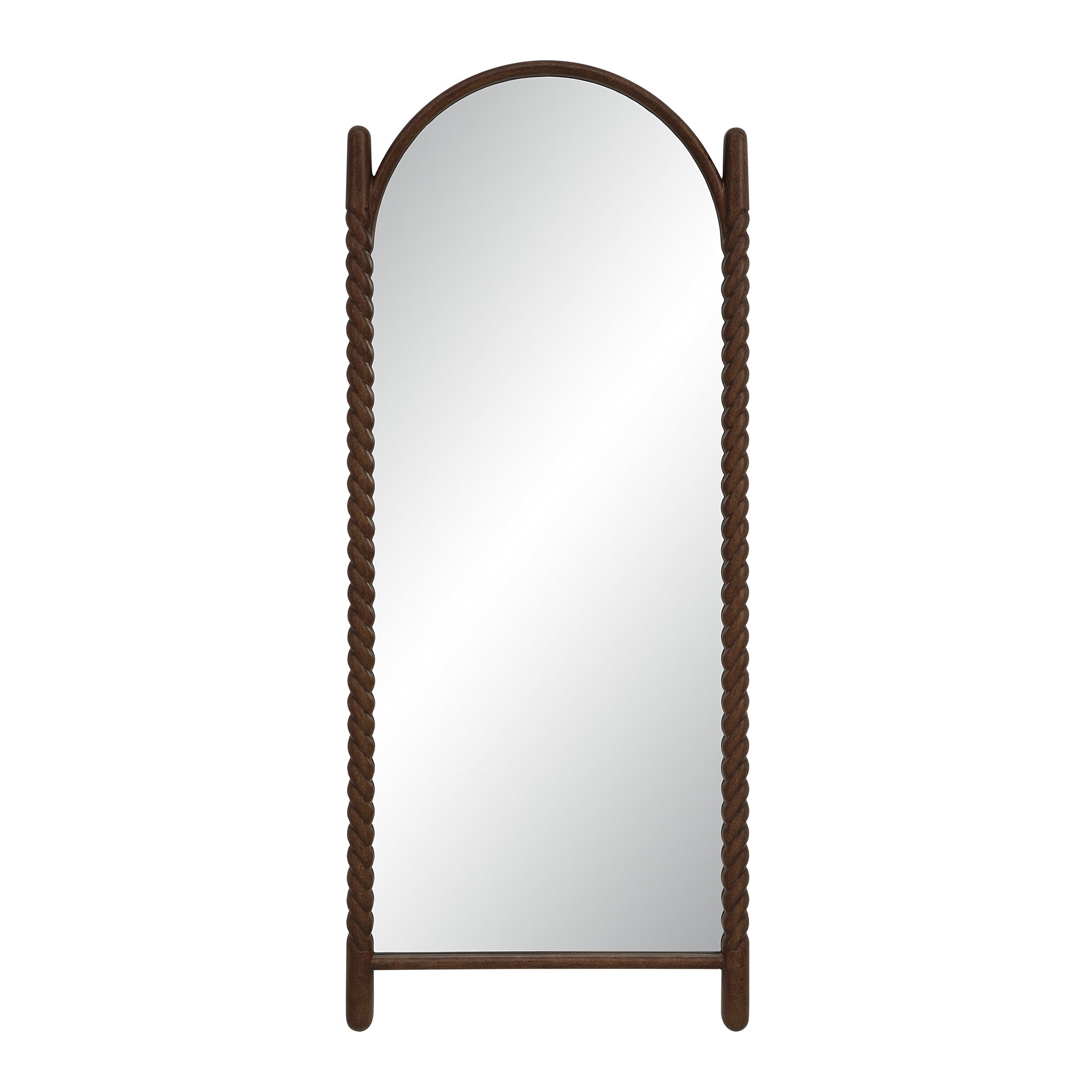 Ignatius mirror with a braided dark wood frame and arched top, reflecting light.