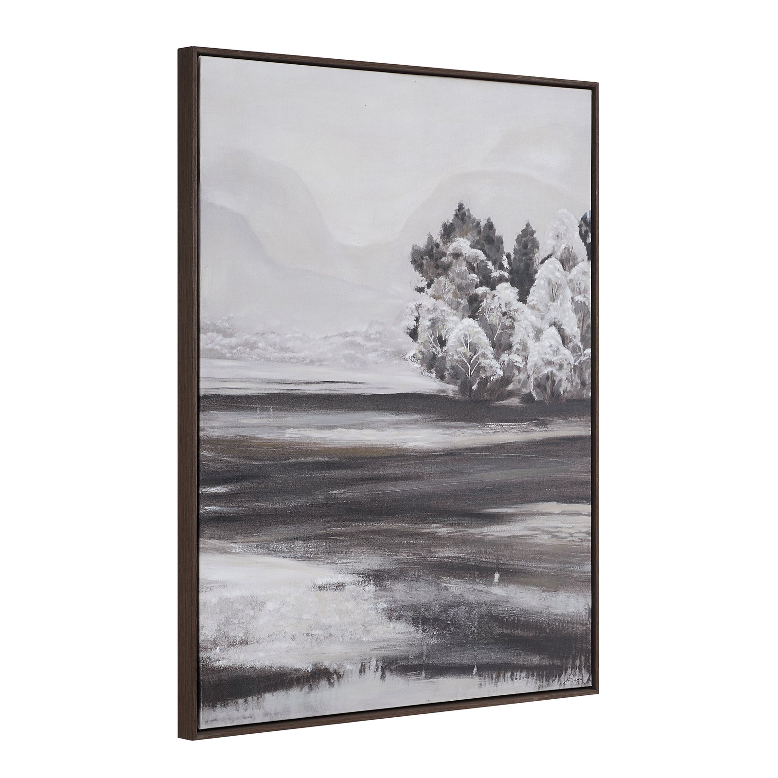 Sweeney canvas art featuring a monochromatic landscape with trees and mountains.