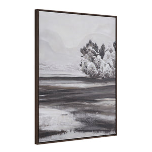 Sweeney canvas art viewed from the side, showcasing a monochrome landscape with trees.