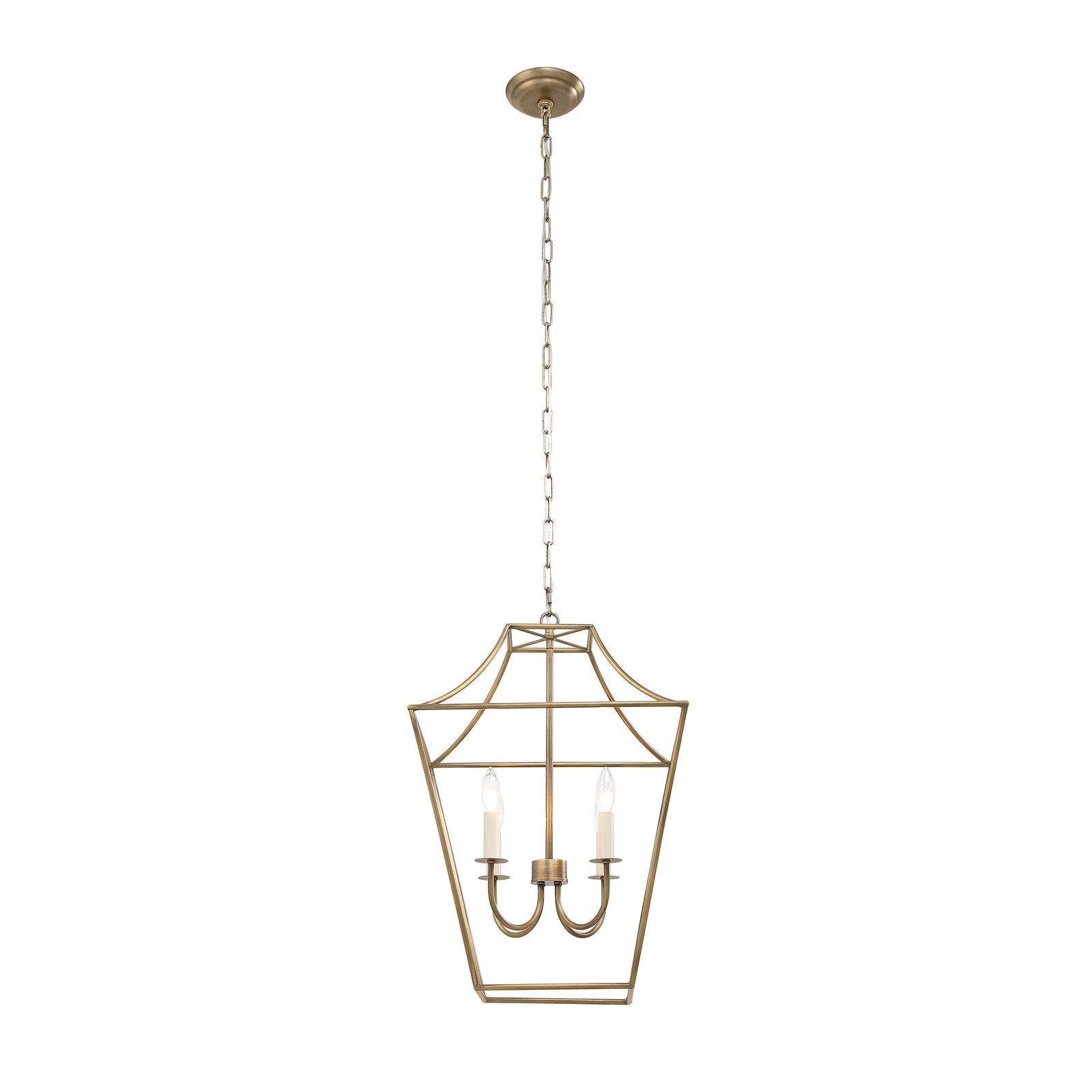 Versailles pendant light in gold finish with three candle-style bulbs and chain.