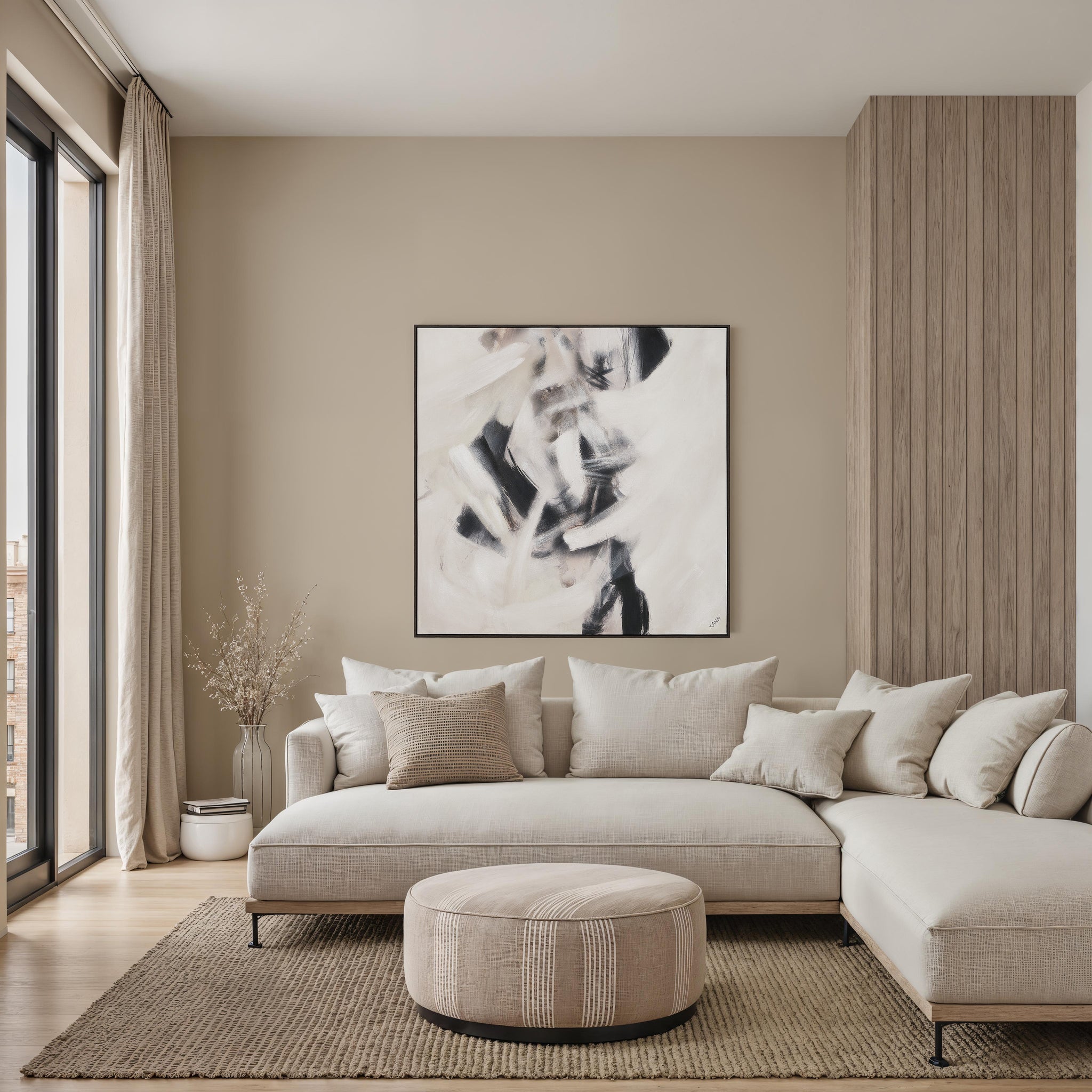 Clary canvas art displayed in a modern living room setting with neutral decor