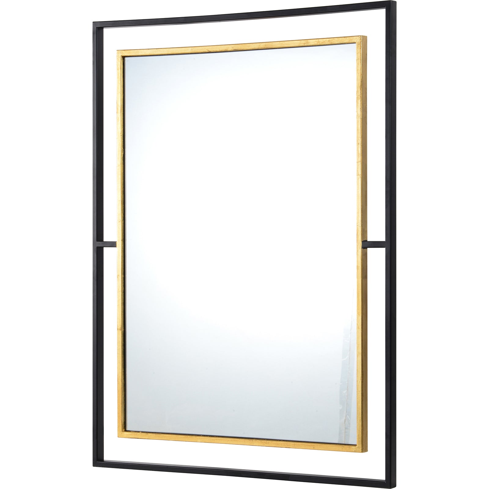 Gray wall mirror with a gold frame and black accents, showcasing a reflective surface.