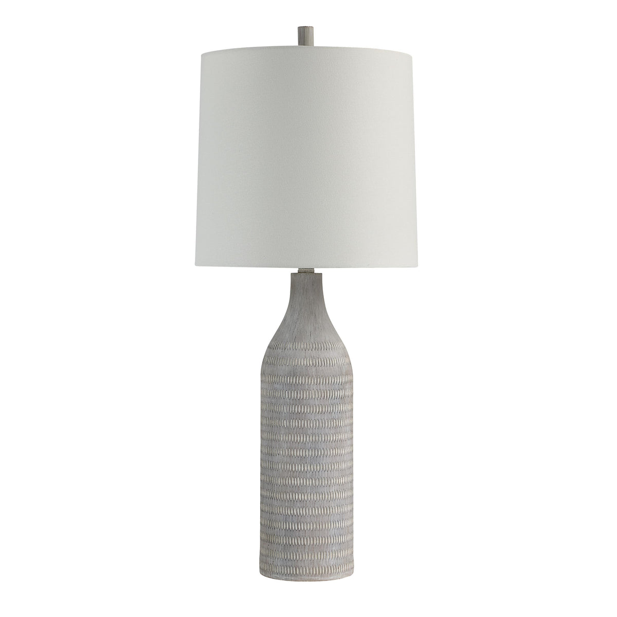 Baracoa table lamp with a textured gray ceramic base and white fabric shade.