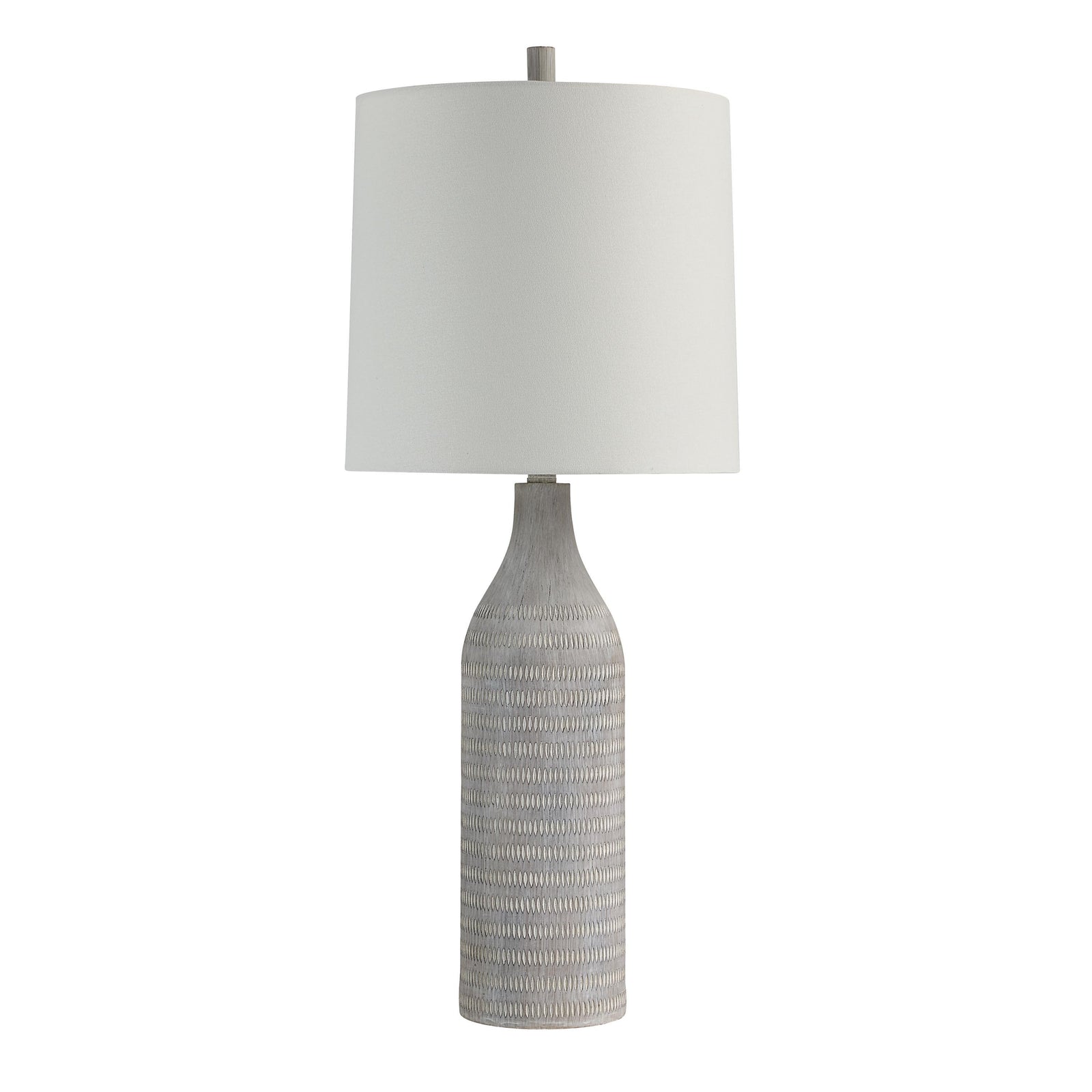 Baracoa table lamp with a textured gray ceramic base and white fabric shade.