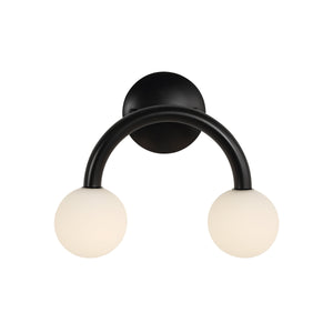 Santo wall sconce featuring a black curved metal arm with two white globe shades, mounted on a round black backplate.