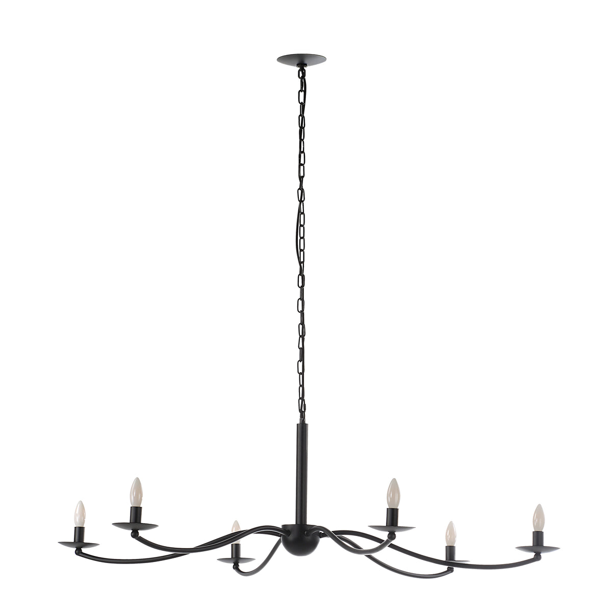 Landen chandelier by Renwil, black metal with six candle-style lights, hanging from a chain.