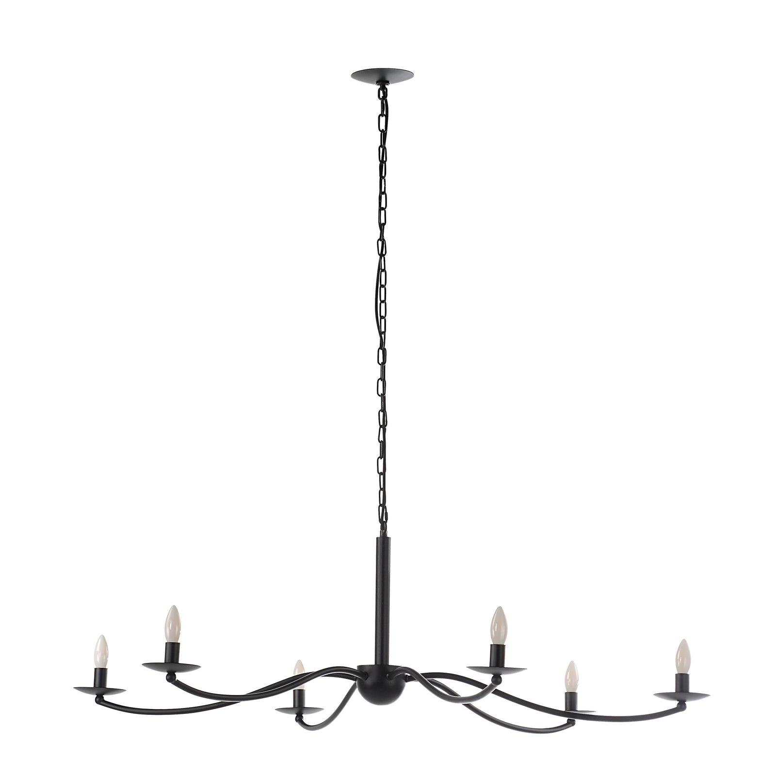 Landen chandelier by Renwil, black metal with six candle-style lights, hanging from a chain.