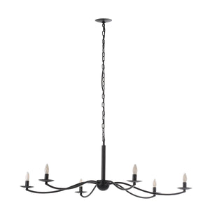Landen chandelier by Renwil, black metal with six candle-style lights, hanging from a chain.
