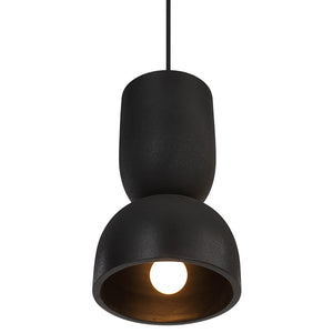 Caen chandelier in black showcasing the inner light bulb with a sleek design.