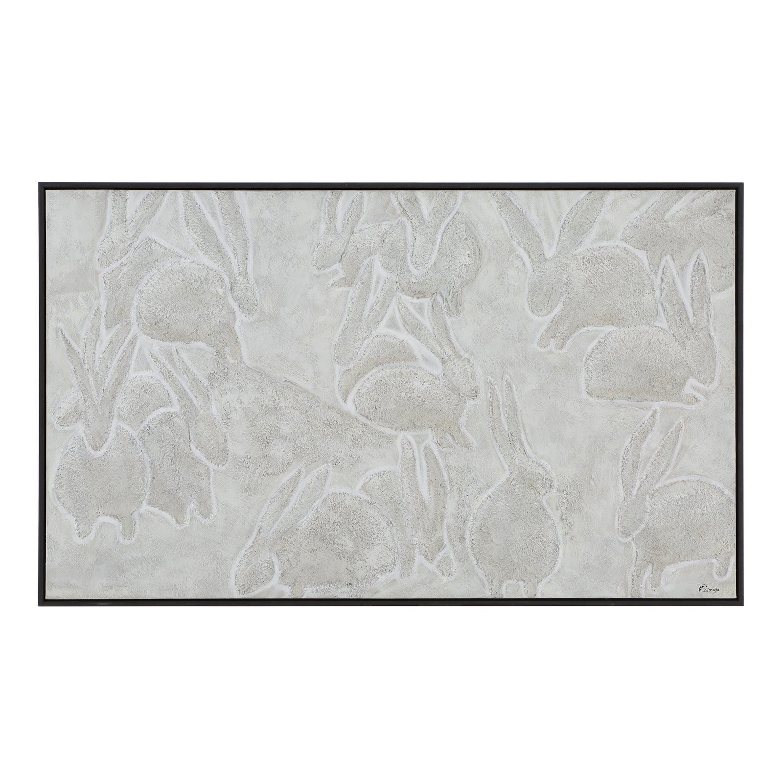 Lacey canvas art featuring textured rabbits in soft gray tones with a black frame.