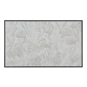 Lacey canvas art featuring textured rabbits in soft gray tones with a black frame.