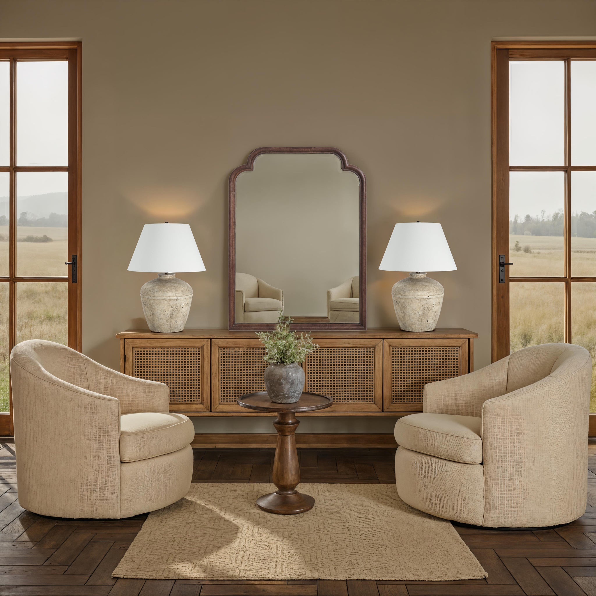 Octavian mirror by Renwil, featuring an arched wooden frame in a warm tone, reflecting a cozy interior.