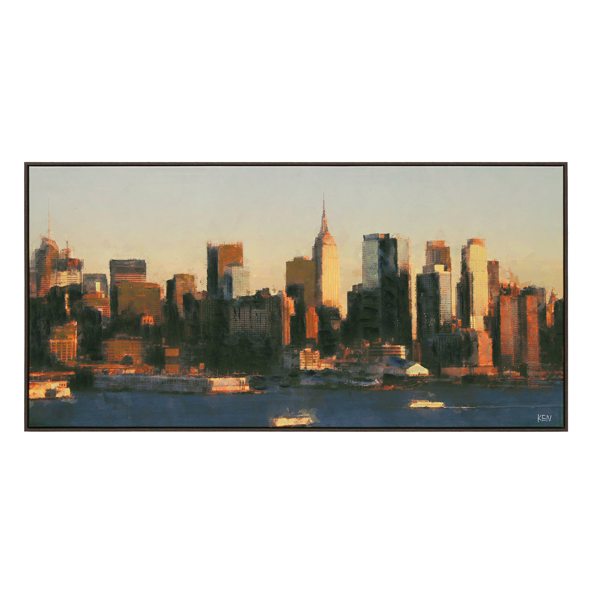 Panorama canvas art featuring a city skyline at sunset with warm orange and blue tones.