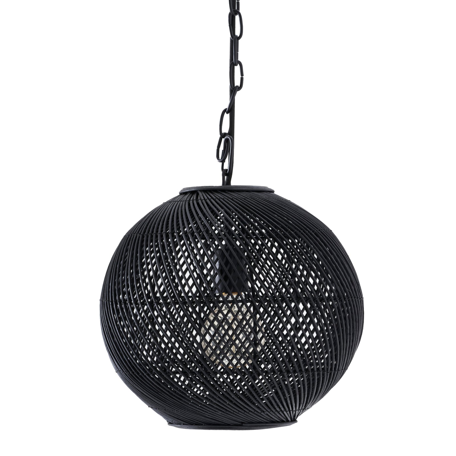 Romika ceiling light fixture in black, round woven design with a chain hanging.