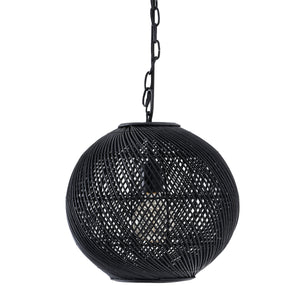 Romika ceiling light fixture in black, round woven design with a chain hanging.