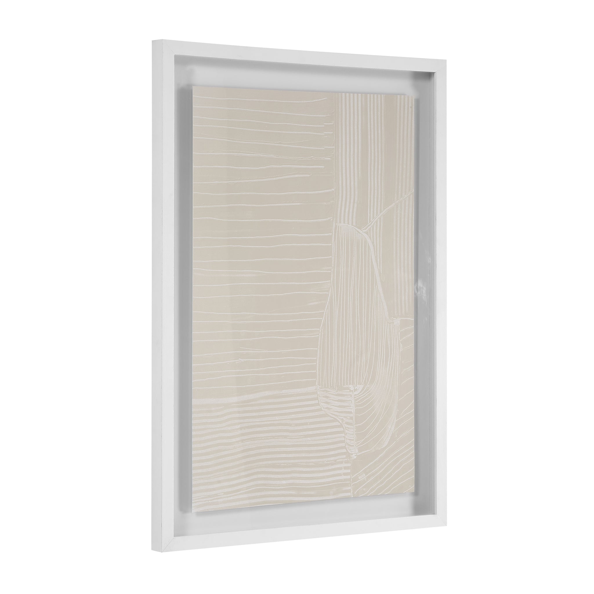 Side view of Marlon wall art in a white frame, showcasing its beige design.