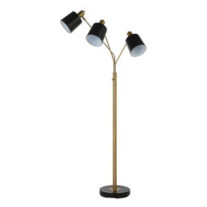 Meander floor lamp featuring three adjustable black shades and a sleek gold frame on a black base.
