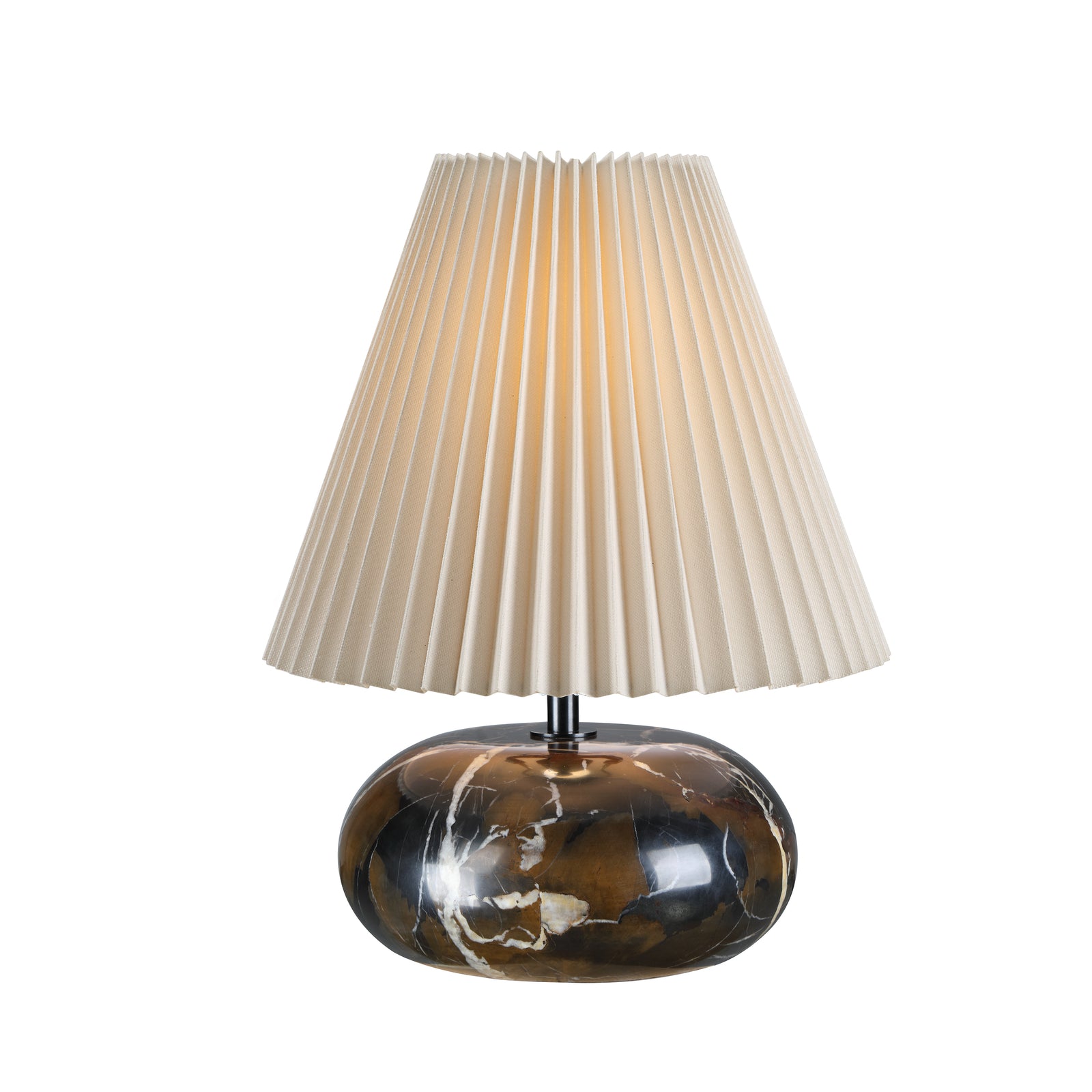 Noto Brown table lamp with a pleated cream shade and a dark marble base.
