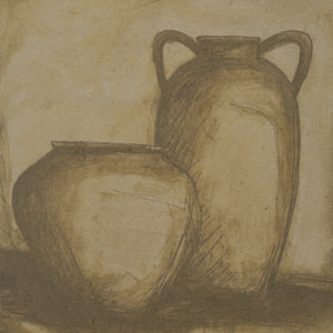 Close-up of Vetro Canvas Art depicting two vases in soft brown tones on textured background.