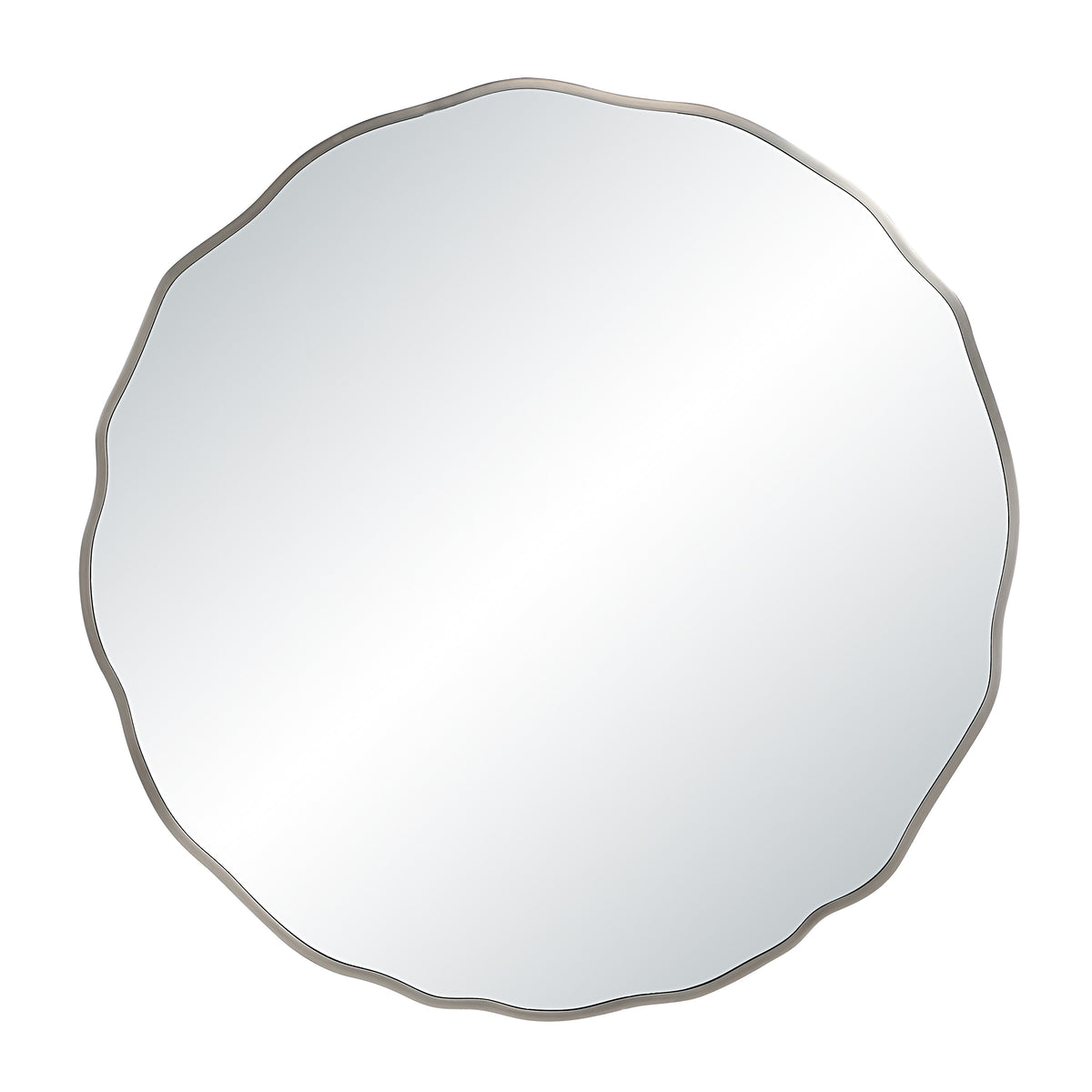Knox mirror with a scalloped silver frame and reflective surface, viewed straight on.