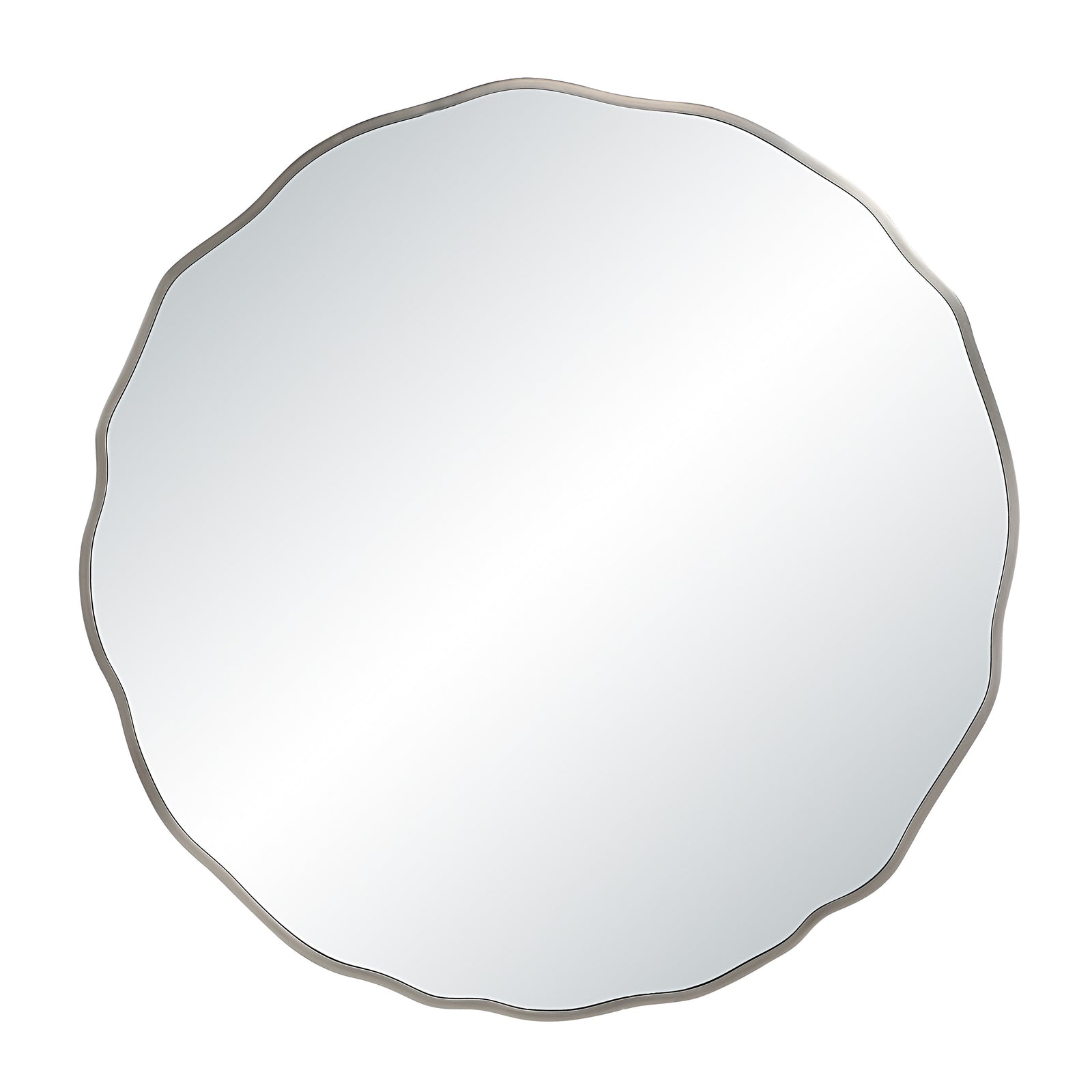 Knox mirror with a scalloped silver frame and reflective surface, viewed straight on.
