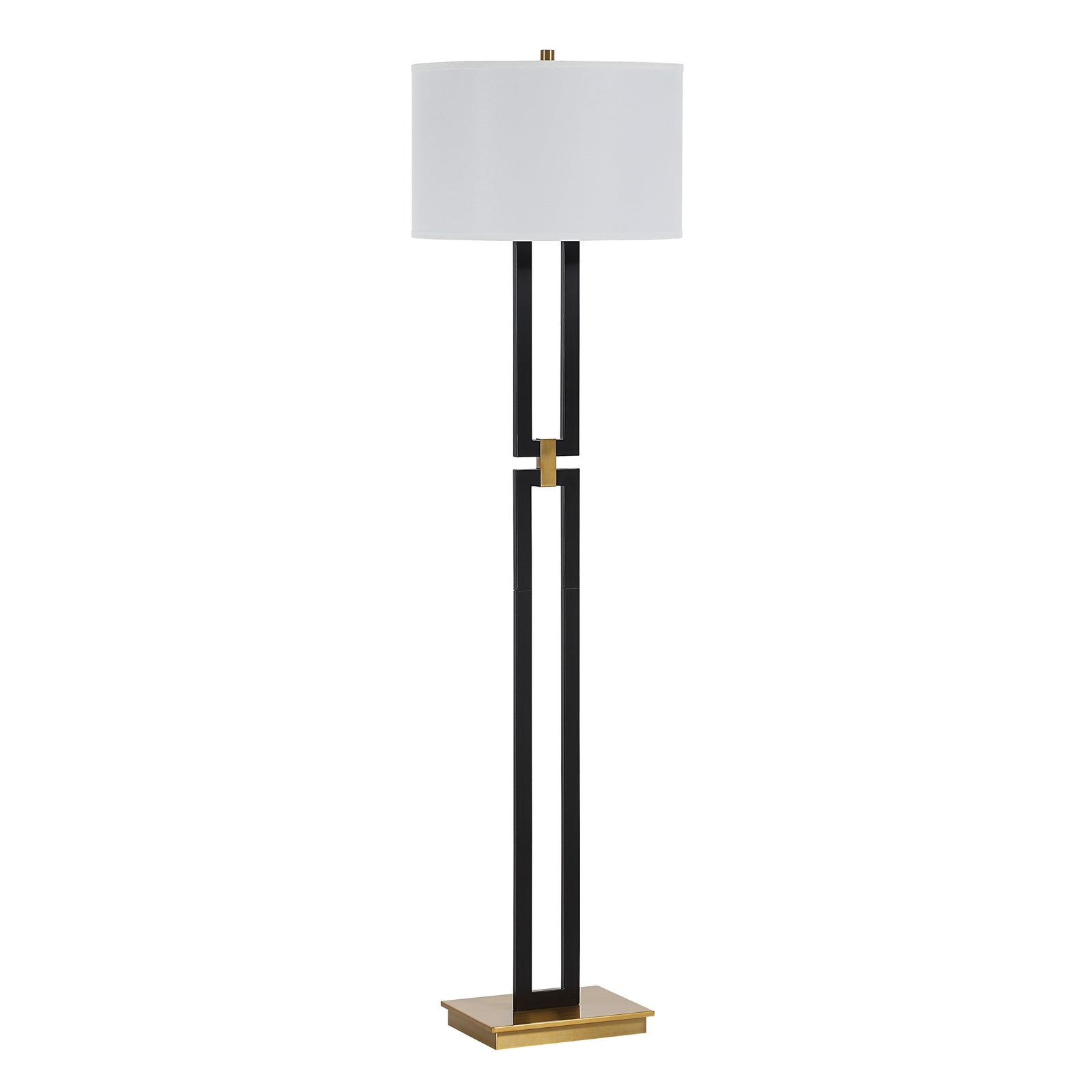 Theo Floor Lamp with a white drum shade, black metal base, and gold accent.
