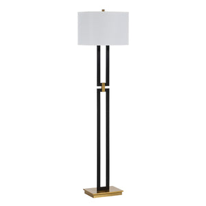 Theo Floor Lamp featuring a white shade, black frame, and gold detailing.