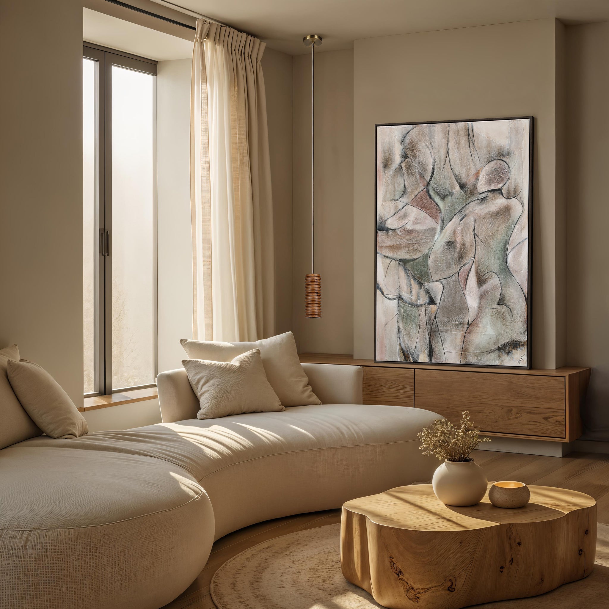 Living room with a Rue pendant light by Renwil above a curved sofa and wooden coffee table