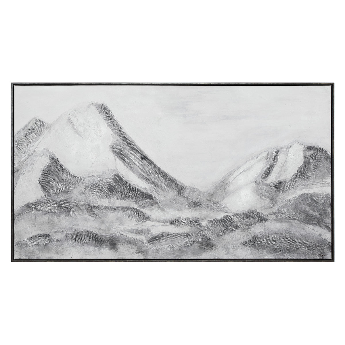 Romi canvas art featuring abstract mountain landscape in grayscale tones, framed.