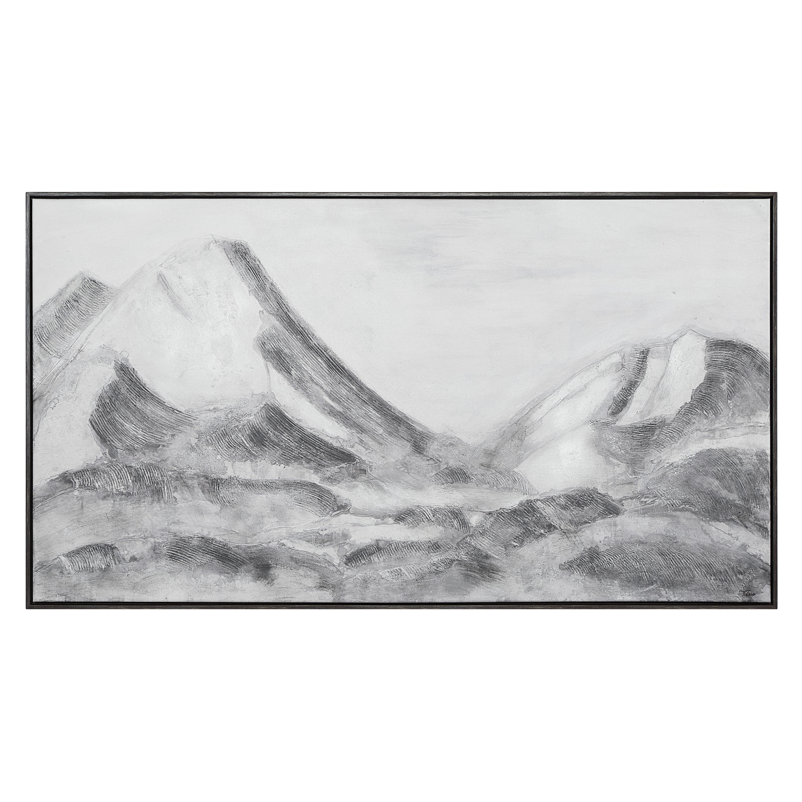 Romi canvas art featuring abstract mountain landscape in grayscale tones, framed.