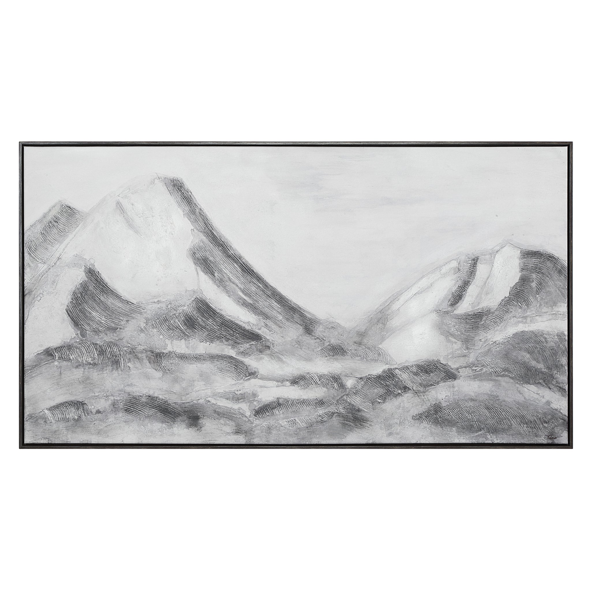 Romi canvas art featuring abstract mountain landscape in grayscale tones, framed.