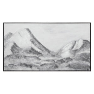 Romi canvas art featuring abstract mountain landscape in grayscale tones, framed.