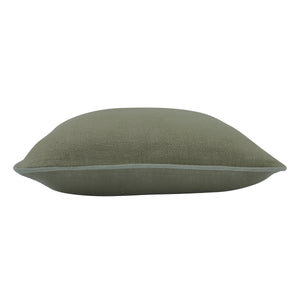 Lavigne Indoor Pillow viewed from the side, showcasing its olive green color and piped edges.
