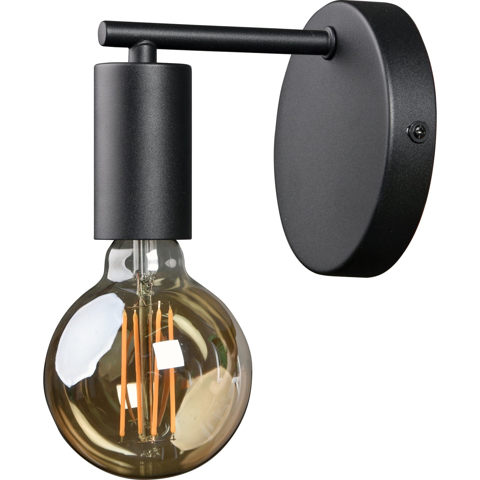 Think Wall Sconce in black finish with a round backplate and a clear glass bulb.