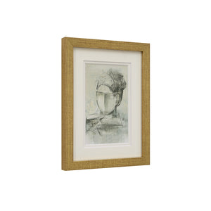 Bellie wall art showing abstract face sketch in muted tones, angled view with gold frame.