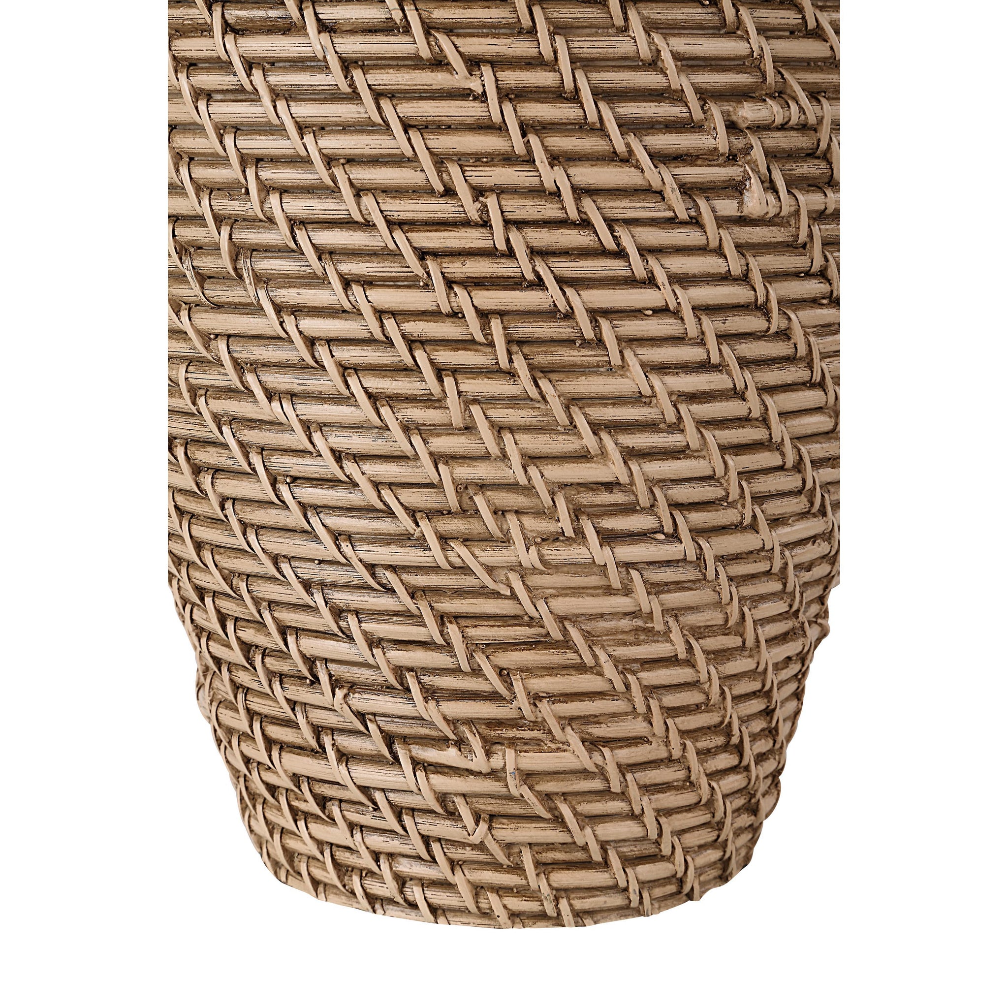 Close-up of Santal Table Lamp's woven brown base with intricate pattern