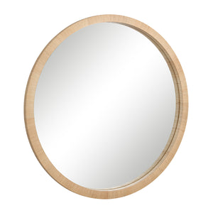 Rita mirror featuring a round design with a textured natural wood frame and clear reflective glass.