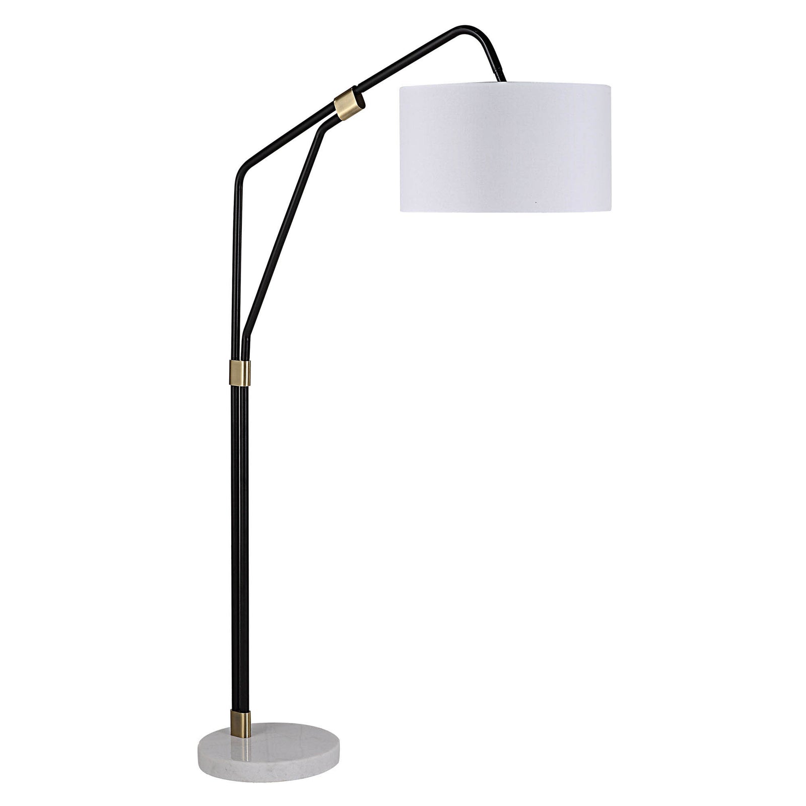 Wroxton Floor Lamp with black metal frame and white drum shade, featuring a marble base.