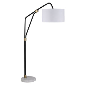 Wroxton Floor Lamp showcasing a black metal structure and white shade, with a round marble base.