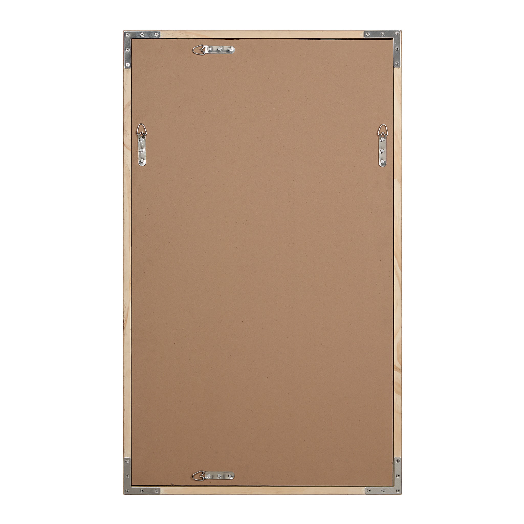 Back view of Canas mirror with a brown backing and metal hanging hardware.