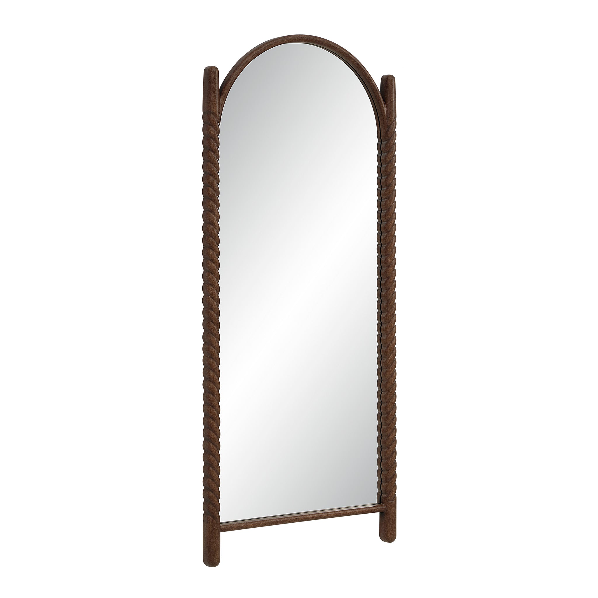 Ignatius mirror featuring a dark wood braided frame, angled view showcasing its arch.