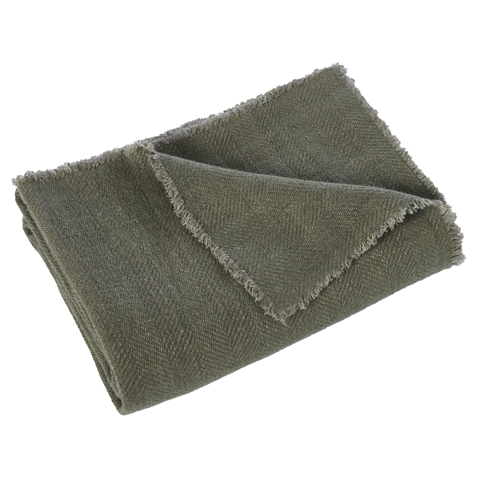 Vernier Throw in olive green, folded with frayed edges, showcasing a textured pattern.