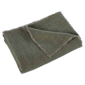 Vernier Throw in olive green, folded with frayed edges, showcasing a textured pattern.