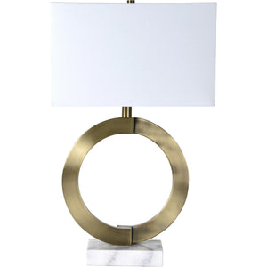 Skylar Table Lamp with a brass circular base and white rectangular shade.