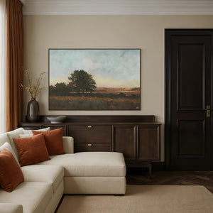 Horizon canvas art featuring a serene landscape with a tree and soft pastel colors.