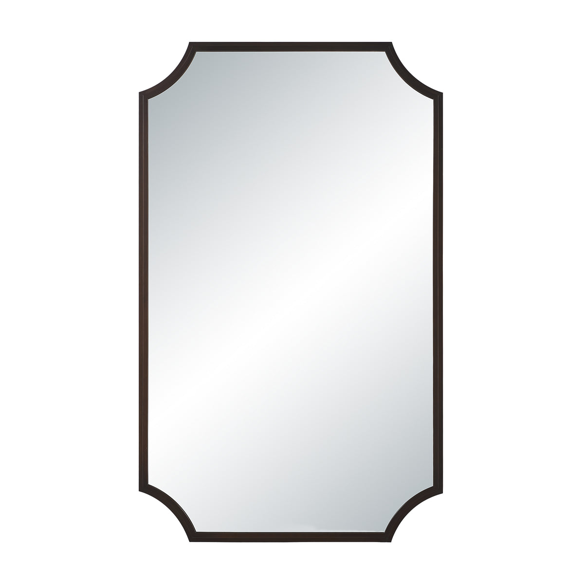 Torre mirror by Renwil with a dark frame and scalloped edges, reflecting light.