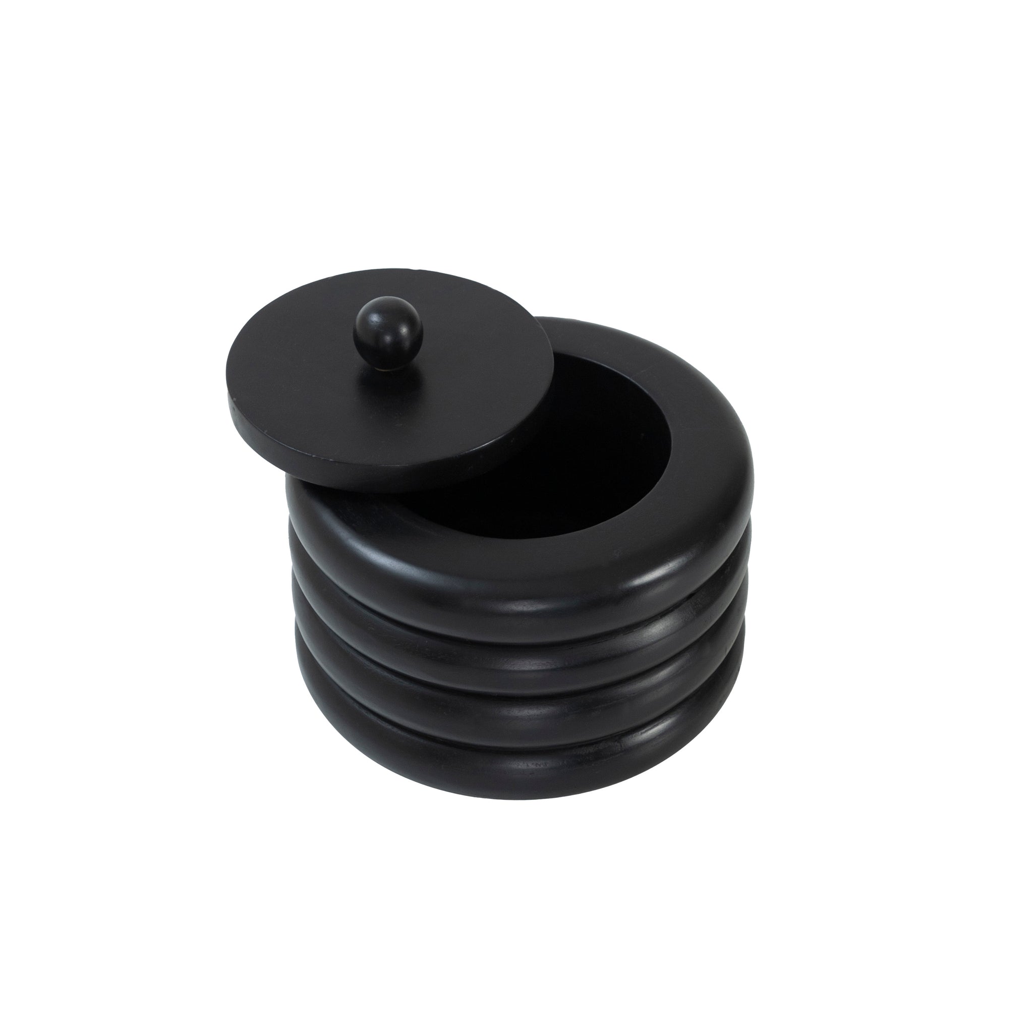Cipher bookends by Renwil, black wood with a round lid and open top, showcasing a stacked design.