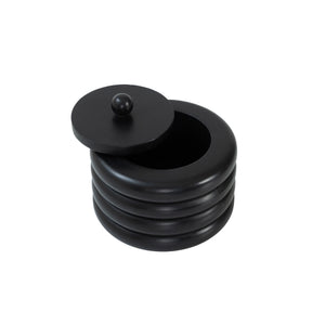 Cipher bookends by Renwil, black wood with a round lid and open top, showcasing a stacked design.