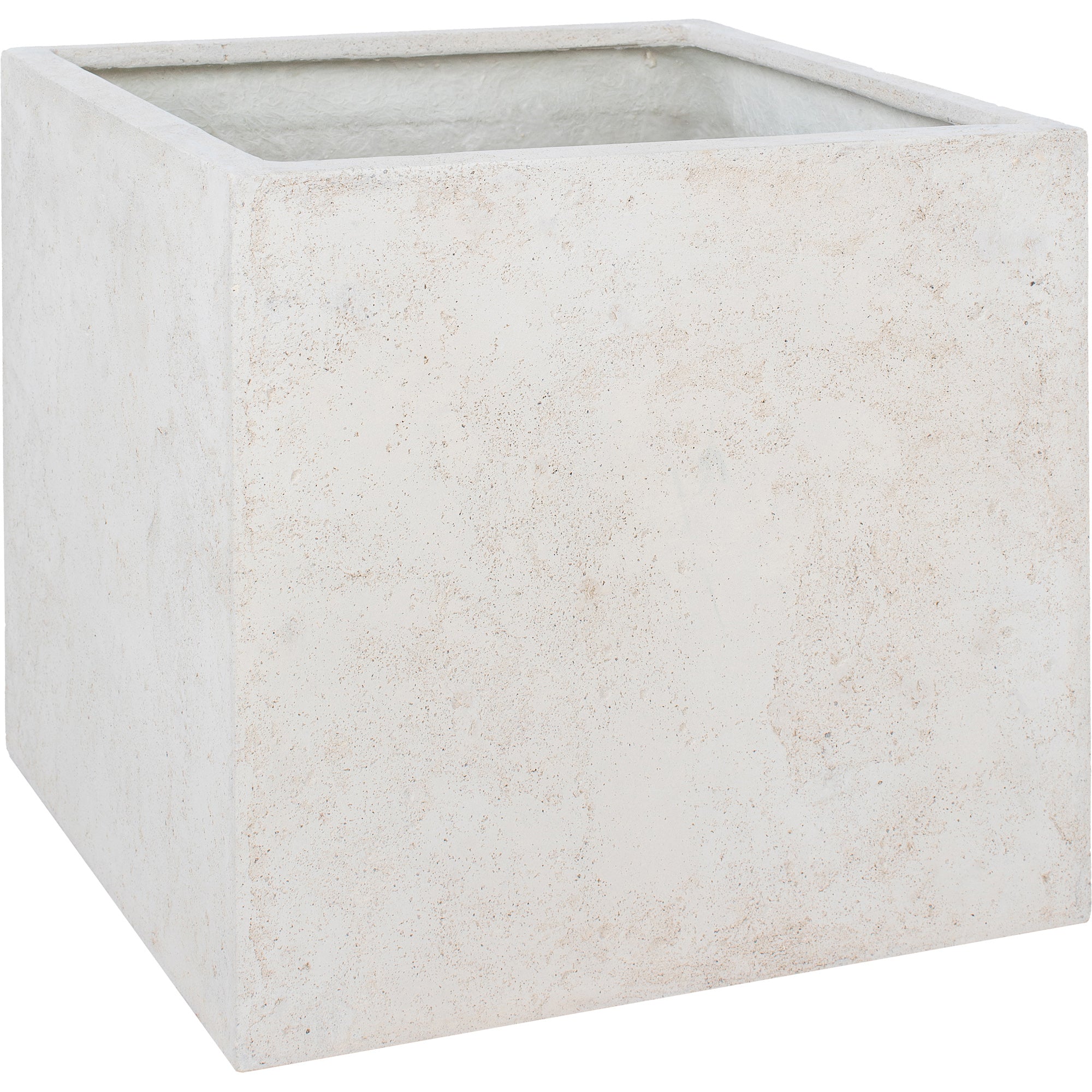 Alona Planter in light textured concrete with a square shape and open top view.
