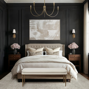 Quatro canvas art featuring abstract beige and white design above a bed in a dark room